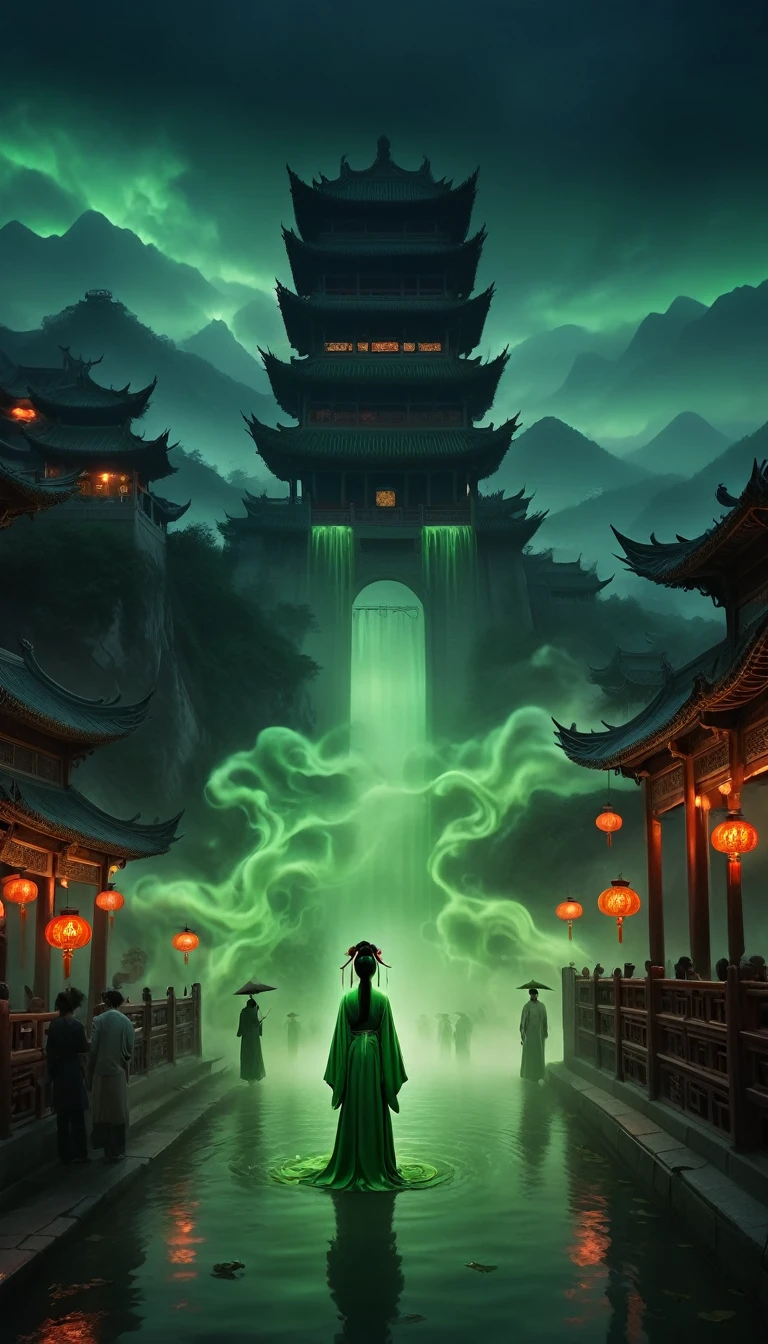 Unforgettable Chinese Ghost Stories, Weird Chinese architecture, Qixi Festival, Green Ghost Soup, Munpo Bridge, Noodle Soup, Escort Ghost, Chain, Dark gloomy lights, Movie, fear, atmosphere, Surreal, mystery, detailed