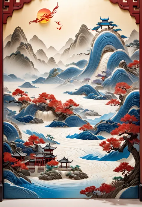 Masterpiece,best quality,highest resolution,(Chinese aesthetics, blue and white porcelain:1.2),red stone surround,splash spray,(...