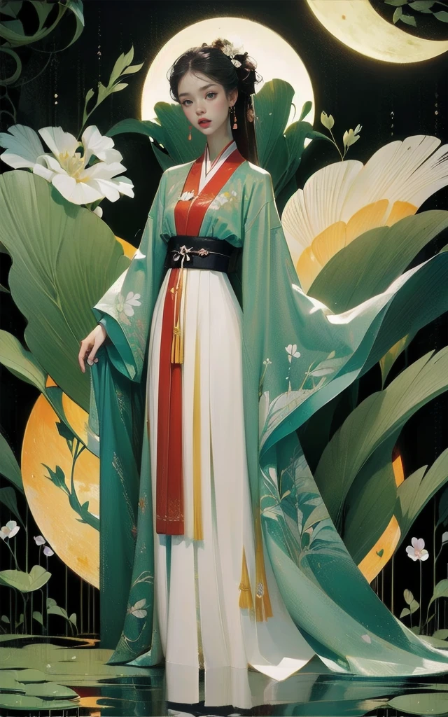 ((Meisterwerk)), (beste Qualität), (die Arbeit), Jugendstil-Aquarellmalerei , Mondgöttin im Hanfu , kleine Brüste,aufreizender mehrlagiger und moderner Kimono, große Augen, lang, Dicke Wimpern, prallen Lippen, dunkelrote Augen, hair lang and thick, hoher Pferdeschwanz, Fit,köstliche Begleitung, blumig_Hintergrund, Aufwendige Designs und Muster im Stil von Alphonse Mucha.Nach vorne ausgerichtet, Eine Ganzkörperaufnahme, das Tradition und Moderne verbindet 