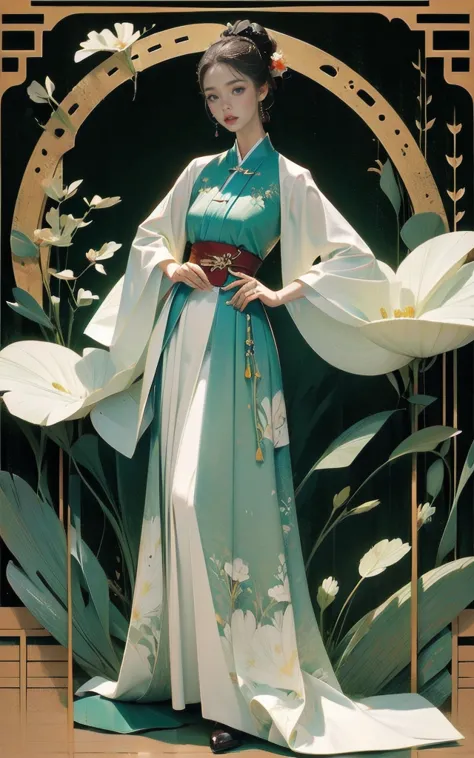 ((​masterpiece)), (best quality), (the work), Art Nouveau watercolor painting , Moon goddess in hanfu , small breasts,revealing ...