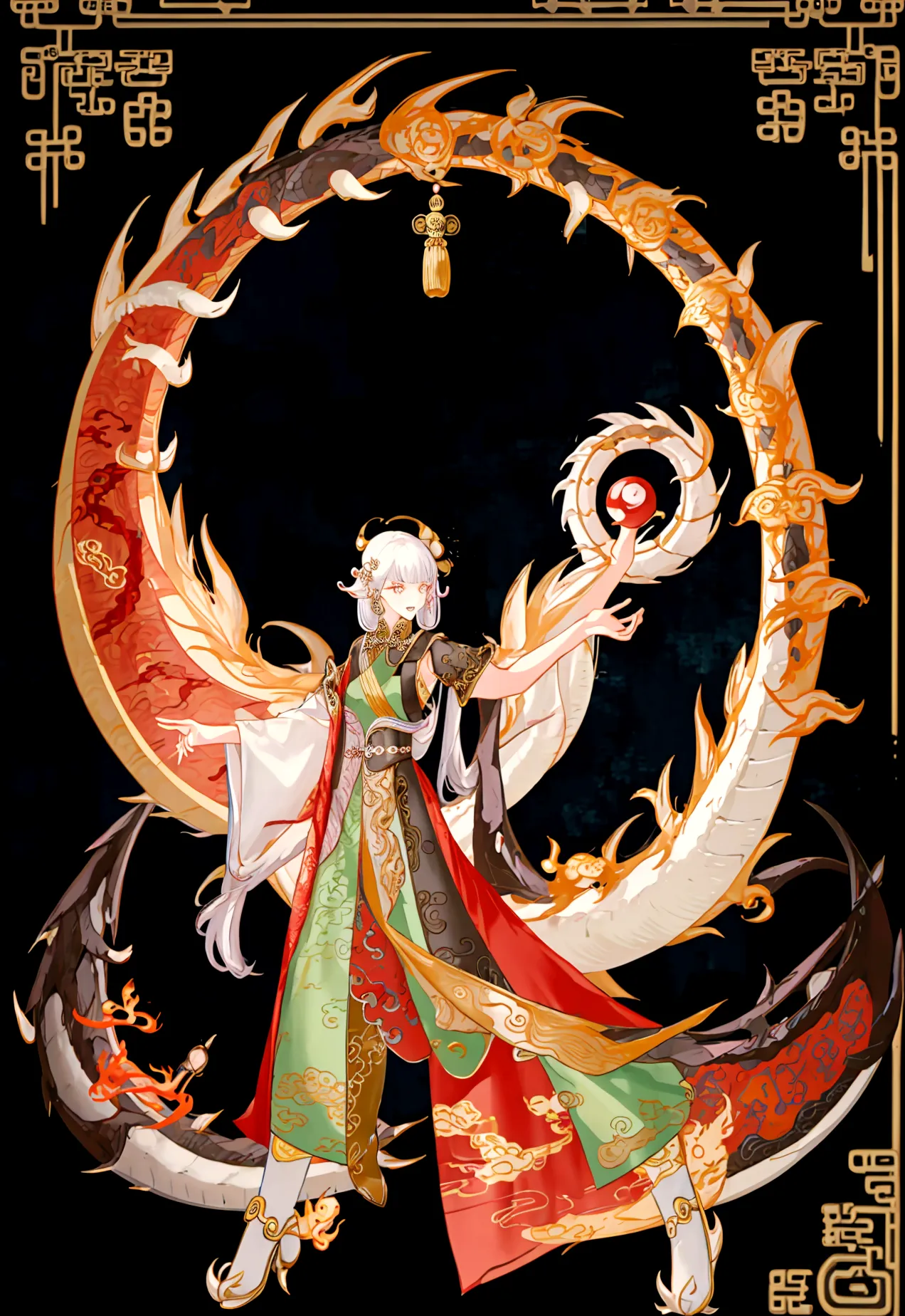 character (character casting spell pose) (full body) (chinese dragon background)