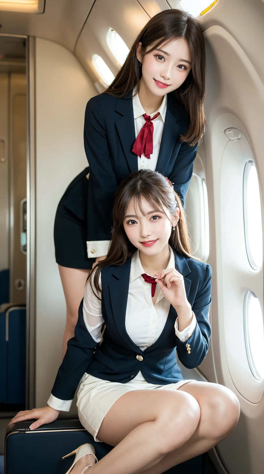 ​highest quality、8k、best image quality、Award-winning work), two beautiful women、radiant beautiful skin , masterpiece、top-quality、The ultra -The high-definition、depth of fields、lens flare, ( 2 girls:1.6)、、brown hair, watching at viewers glares, large breasts , stewardess uniform, (ivory stewardess blazer:1.3),  shirt, short ivory skirt, (white ysl high heels), perfect legs, model pose, view from below, smiling , flight cabin,
