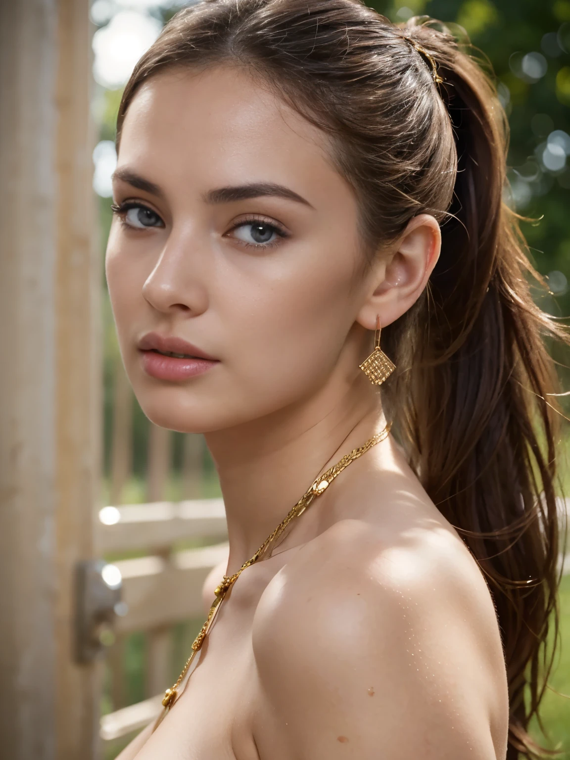 Close up shot , looking at viewer, Naked, English girl, 18 age old, (light brown hair, short ponytail, wince,  half-closed  Blue eyes, beautiful lip, serious), gold crescent earrings, gold neckless, (big breasts, slender whist, wide hip, real public hair, corrected pussy and anal) ,  textured skin , HI detailed skin, (foreshortening, Canon, UHD, anatomically correct,  super detail, high details, highness