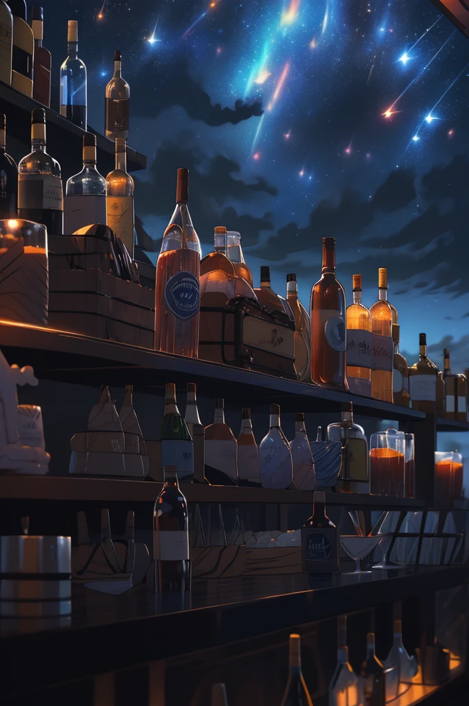 masterpiece, best quality, bottles,  fantasy, bar, cityscape, wide shot, city lights, night sky,  star \(sky\),  starry sky, (bar in the sky:1.5), blurry 