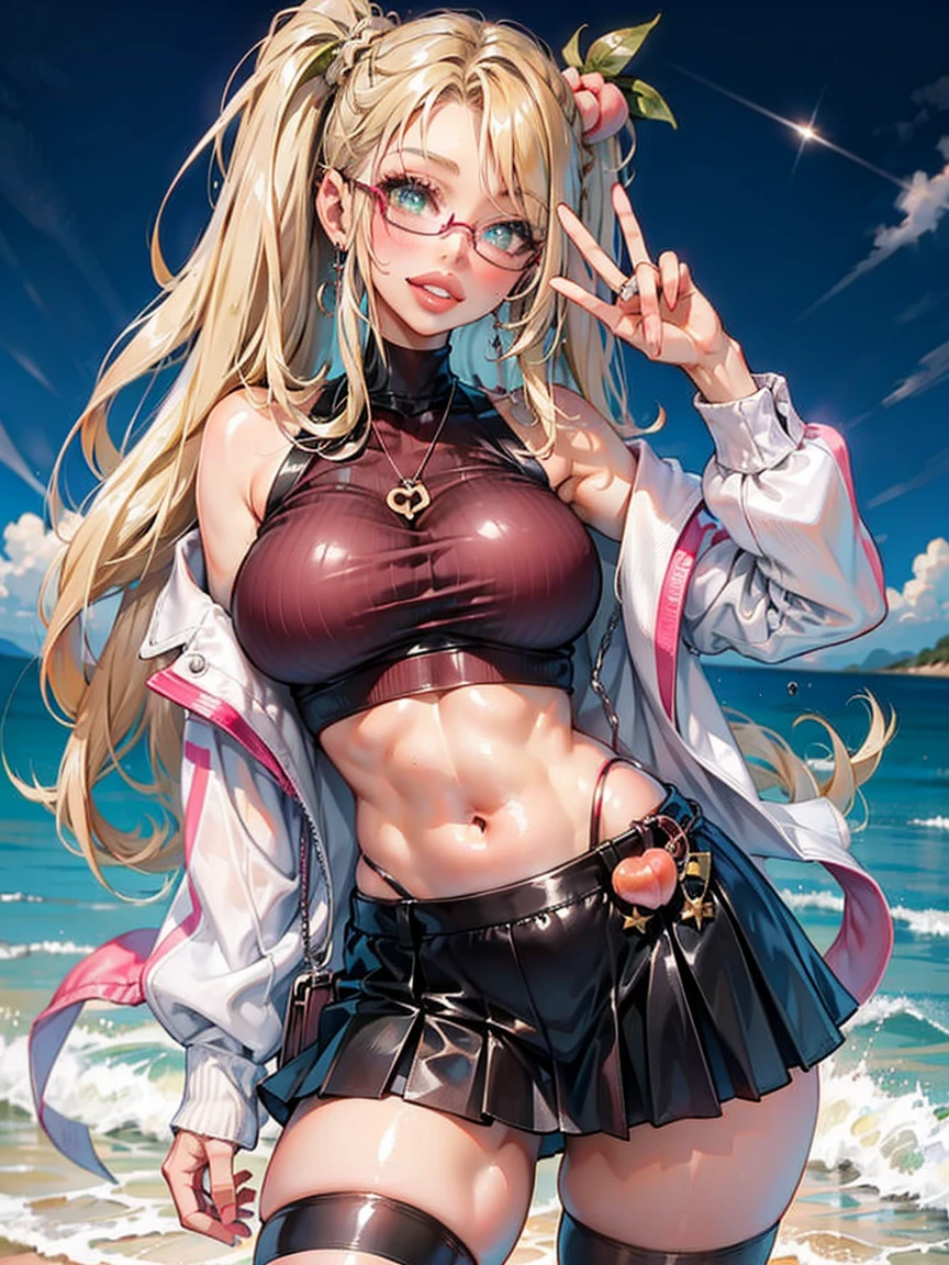 Sandy blonde hair, glasses, bright green eyes, stockings, crop top, big , thick thighs, hours glasses, wavey hair, black knee high socks, skirt, black skirt, red dragon crop top, big , peace sign, ((peach lips)), smile, cute hair style , white skin