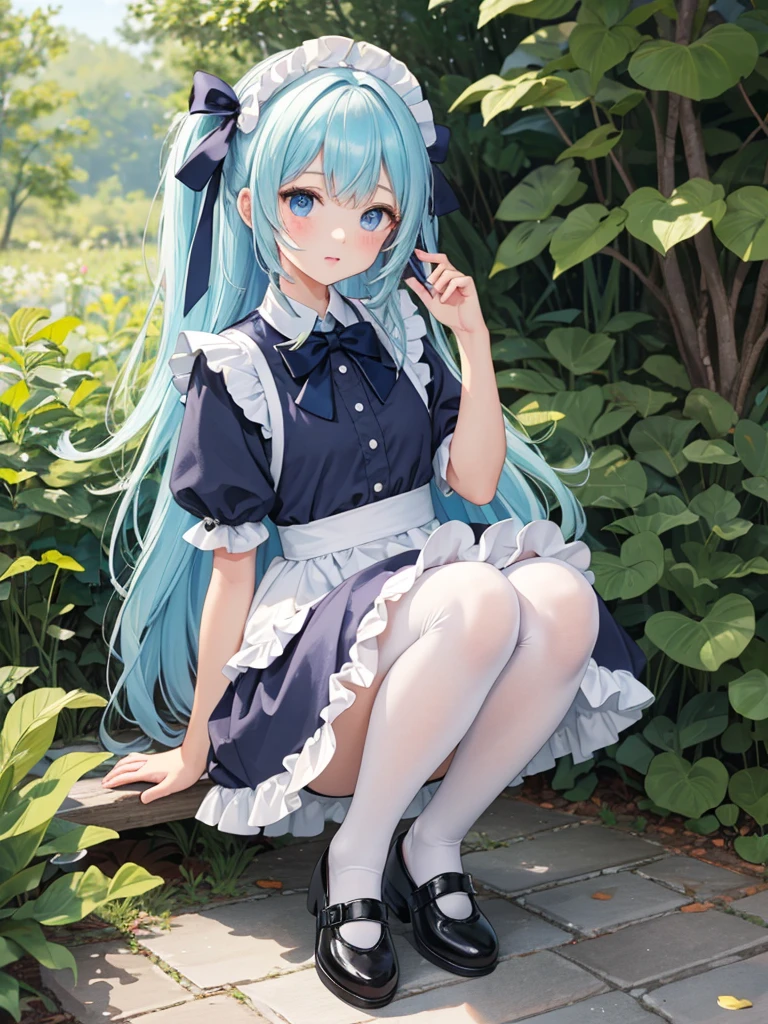 （tmasterpiece：2.0，best qualtiy），（Fine beautiful eyes：2.0），ph_rem，Remhd，1girll，Blue hair，solo，eBlue eyes，x hair accessories，legs ornaments，Bow knot，Long thick socks，lacepantyhose，Lolita heels，Lolita shoes，Rossvale Mansion maid uniform，full bodyesbian，Two hands，two legs，Photo art，maidennurse，Skysky，rays of sunshine，the trees，wave，