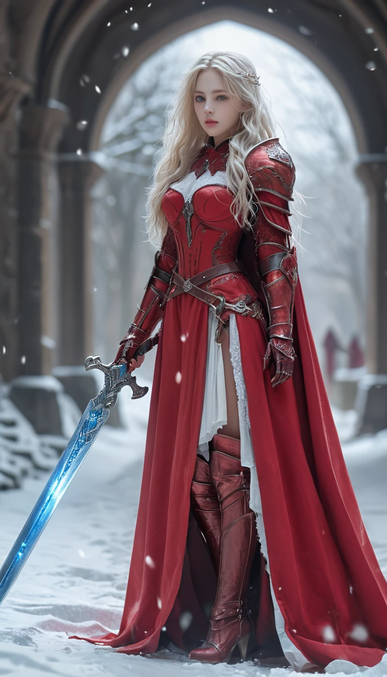 excellent quality, masterpiece, best quality, Ultra Detailed, Extremely detailed, Ultra HD, beautiful girl, Perfect anatomical structure, Perfect body, Model, Fashion pose, Wearing full magical red armor and red cape, Holding a crystal sword, Snowy medieval road, (random color:1.4),
Long hair, Various hairstyles, White hair, blue eyes, Glowing eyes,
Extremely detailed, hkstyle