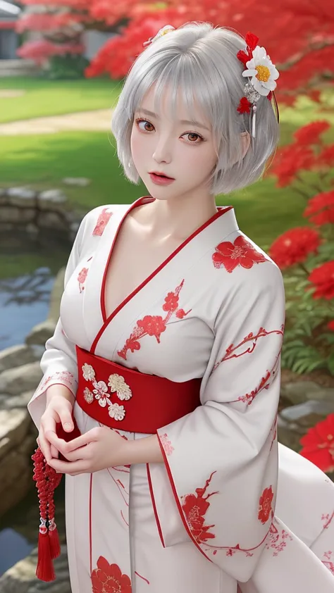 style: anime-style art, high detail, shiny texture, vibrant colors, soft light effect character: silver short hair girl, big red...