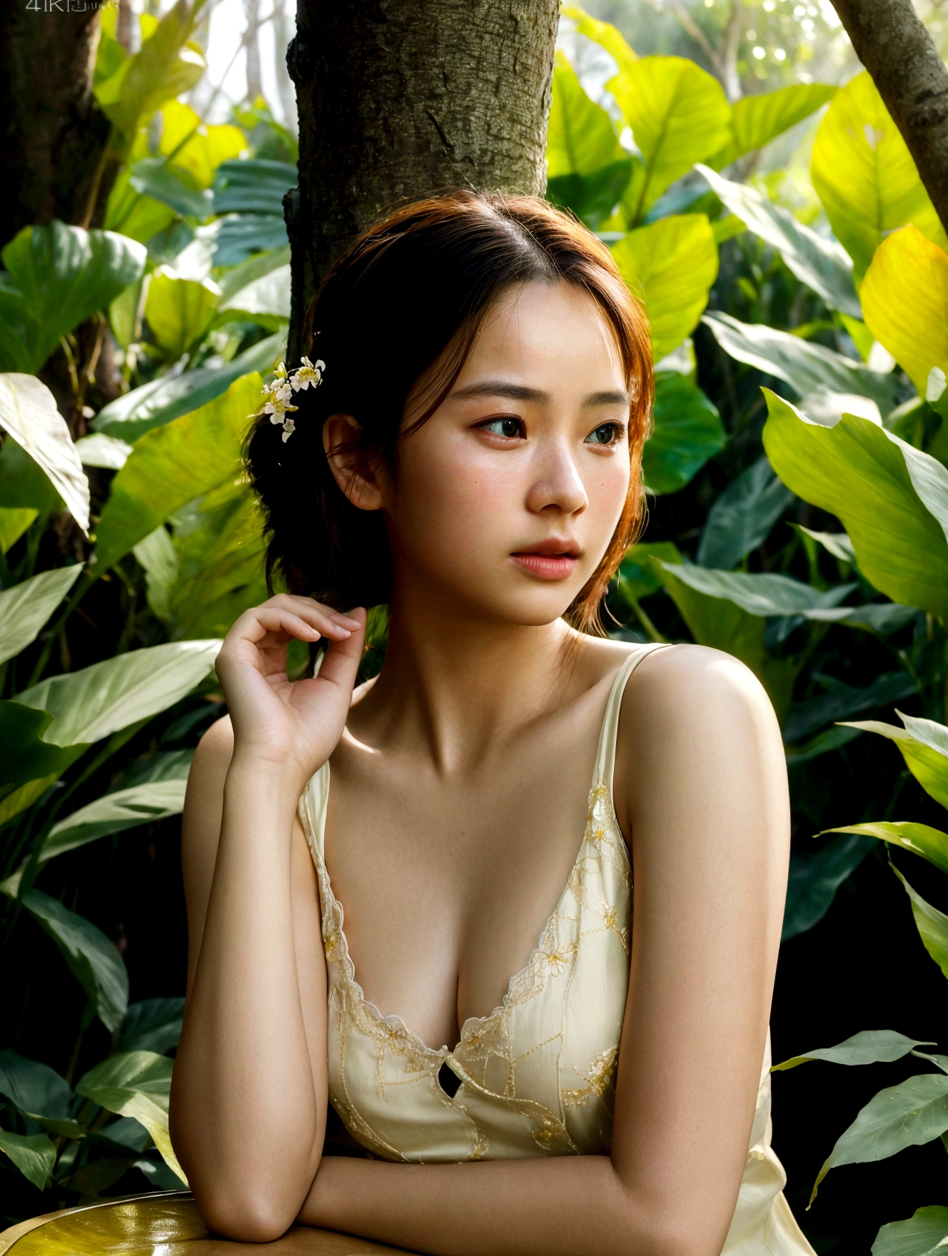 1girl, cinematic lighting, beautiful detailed eyes, beautiful detailed lips, extremely detailed intricate face, delicate features, glowing skin, chiang mai background, serene expression, elegant pose, detailed flower garden, lush foliage, sunlight filtering through trees, warm color tones, photorealistic, (best quality,4k,8k,highres,masterpiece:1.2),ultra-detailed,(realistic,photorealistic,photo-realistic:1.37),vibrant colors,soft focus,dramatic lighting