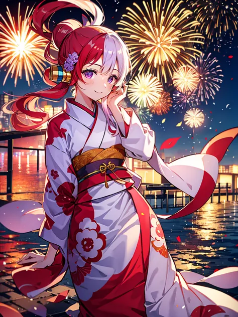 Uta, kimono night in  firework , red white haired, purple eyes