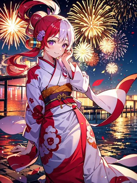 uta, kimono night in  firework , red white haired, purple eyes