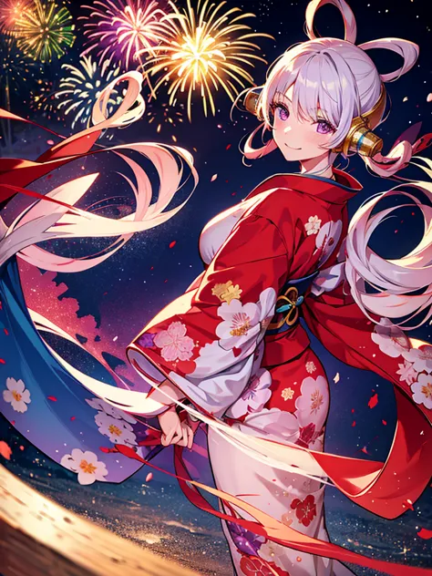 uta, kimono night in  firework , red white haired, purple eyes