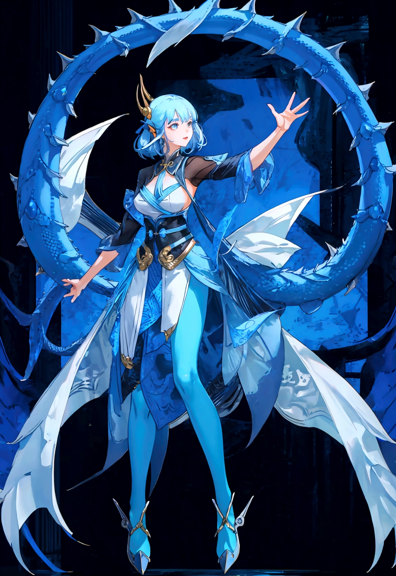 Character (character in dynamic pose) (full body) (blue long dragon background)