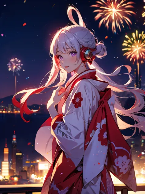 uta, kimono night in  firework , red white haired, purple eyes