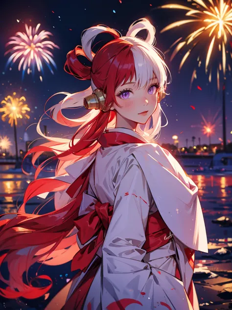 uta, kimono night in  firework , red white haired, purple eyes