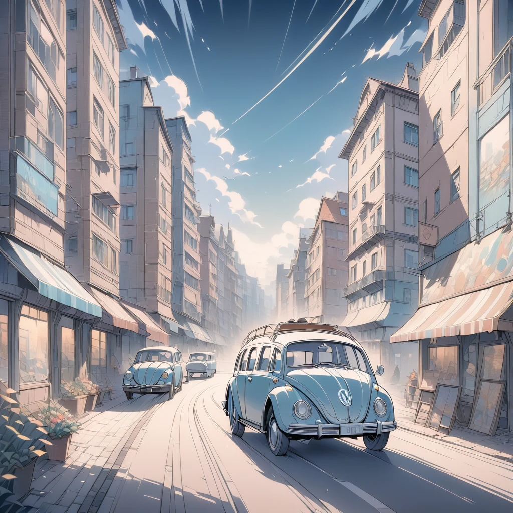 masterpiece, best quality, color, line art, cityscape, 1979 Volkswagen sedan parked on the road, beautiful retro art in digital illustration style, stunning art style, stylized digital illustration, detailed digital illustration, digital cartoon painting art, retro art style, detailed vector art, retro illustration,