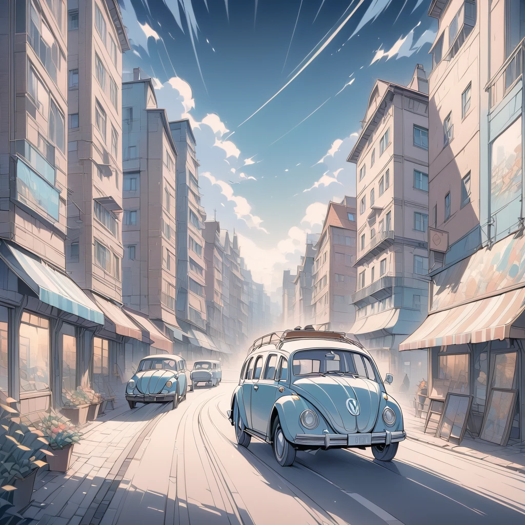 Obra maestra, mejor calidad, color, arte lineal, paisaje urbano, 1979 Volkswagen sedán estacionado en la carretera, hermoso arte retro en estilo de ilustración digital, impresionante estilo artístico, ilustración digital estilizada, ilustración digital detallada, arte de pintura de dibujos animados digitales, Estilo de arte retro, Arte vectorial detallado, ilustración retro,