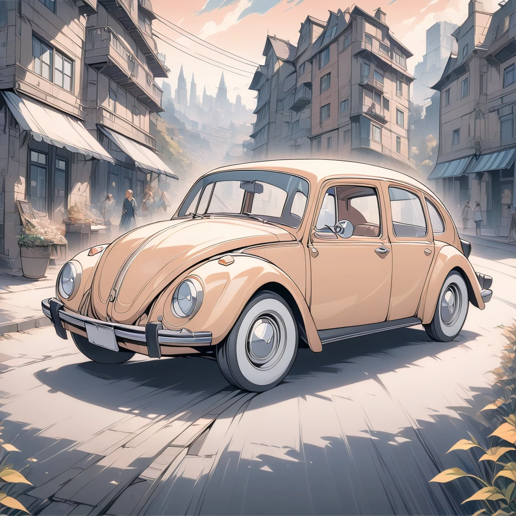 masterpiece, best quality, color, line art, cityscape, 1979 Volkswagen sedan parked on the road, beautiful retro art in digital illustration style, stunning art style, stylized digital illustration, detailed digital illustration, digital cartoon painting art, retro art style, detailed vector art, retro illustration,