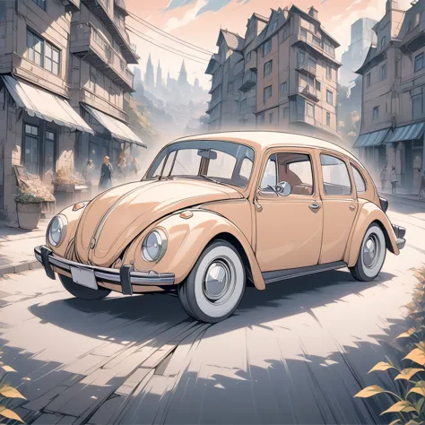 masterpiece, best quality, color, line art, cityscape, 1979 Volkswagen sedan parked on the road, beautiful retro art in digital ...