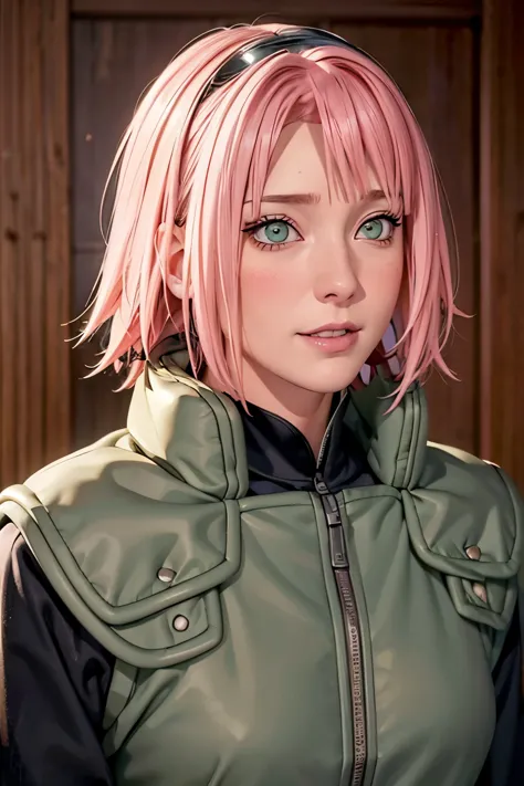 （（（short hair，pink hair（（（danya，Sakura,green eyes,bangs,forehead protector, shinobi symbol, ））），((masterpiece)),high resolution,...