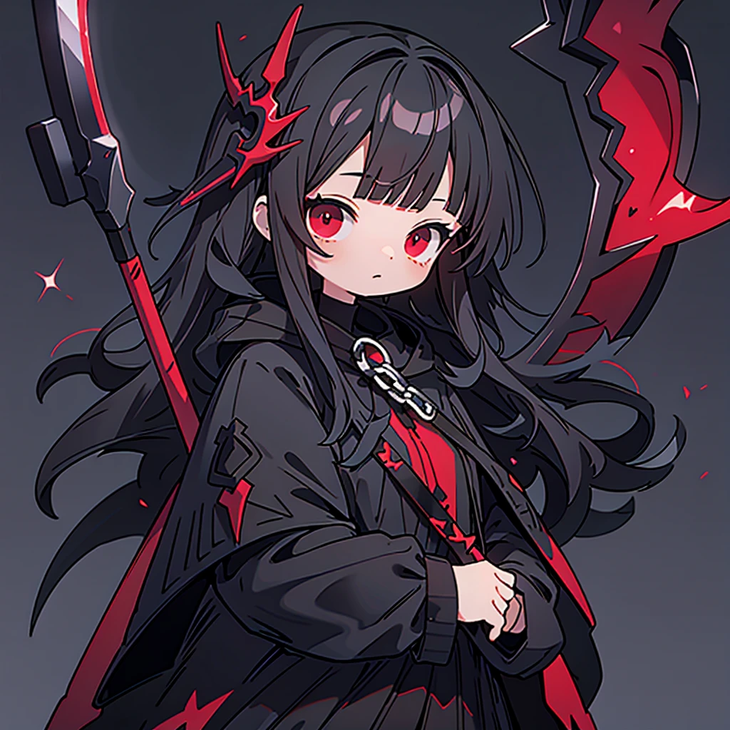 upper body, 1woman, black hair, Long Haired, Red eyes, (Crimson Lightning Angel), Black Long hoodie Cape, Black Large Scythe, tunic, big breats, wallpaper, Chain background, light particles, (masterpiece), best quality, Black mask, side-swept bangs, Top Quality, black large wing