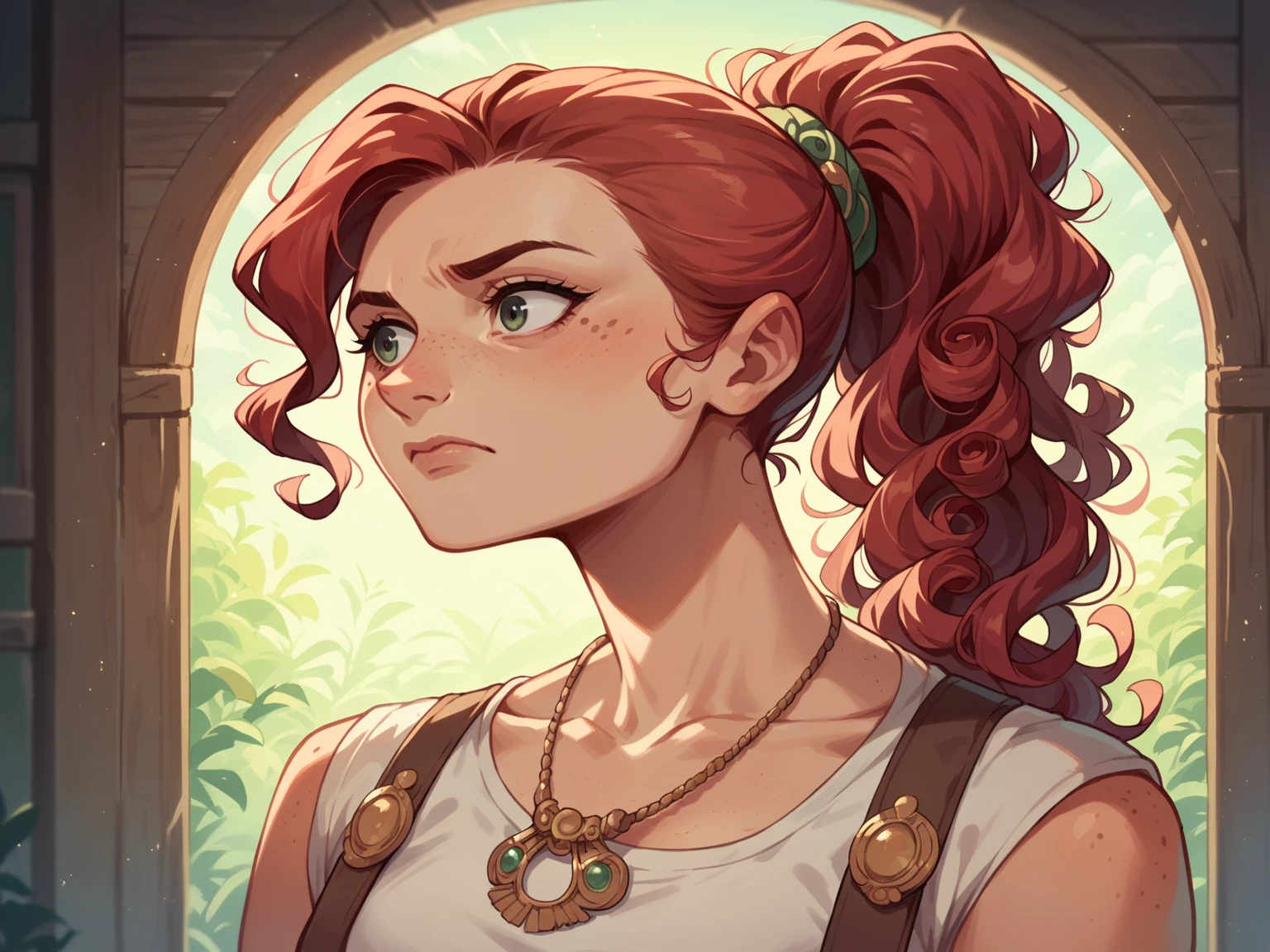 (masterpiece, best quality), 1 Girl, clavicle, curls, Looking at the audience, Vague, Upper Body, necklace, Suspenders, Floral, Ponytail, freckle, Red hair, Sunlight,