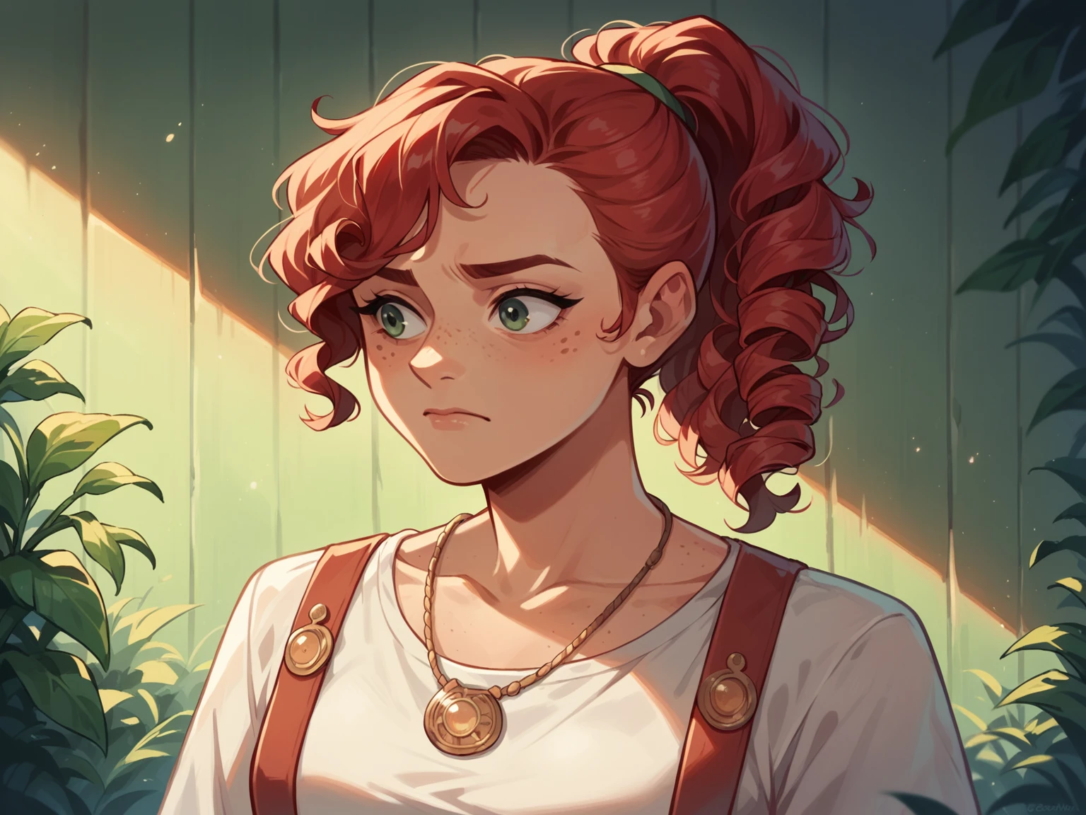 (masterpiece, best quality), 1 Girl, clavicle, curls, Looking at the audience, Vague, Upper Body, necklace, Suspenders, Floral, Ponytail, freckle, Red hair, Sunlight,