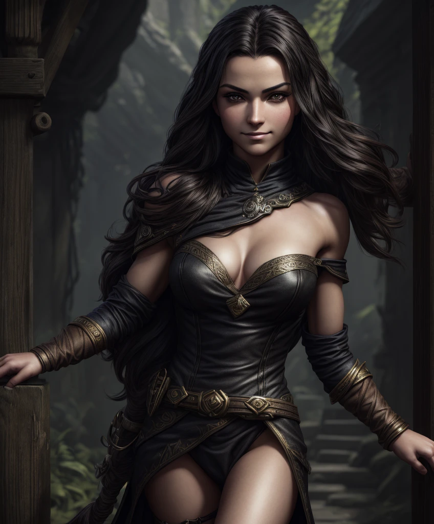 (((Luxurious shoulder length dark hair and sexy smirk.))) (((18 years old.))) (((18yo.))) (((Cute smirk.))) (((Single character image.))) (((1girl))) Generate a character for a fantasy setting.  This is a female character who looks like a medieval fantasy setting character.  She looks like an ad adventurer for a fantasy setting plagued by pirates.  She looks like an NPC ally.  She looks like a tough and capable character. Background is dark and eerie.  She looks like a glamour model as a fantasy adventurer. She is sexy and confident.  best quality:1.0,hyperealistic:1.0,photorealistic:1.0,madly detailed CG unity 8k wallpaper:1.0,masterpiece:1.3,madly detailed photo:1.2, hyper-realistic lifelike texture:1.4, picture-perfect:1.0,8k, HQ,best quality:1.0, best quality:1.0,hyperealistic:1.0,photorealistic:1.0,madly detailed CG unity 8k wallpaper:1.0,masterpiece:1.3,madly detailed photo:1.2, hyper-realistic lifelike texture:1.4, picture-perfect:1.0,8k, HQ,best quality:1.0, 