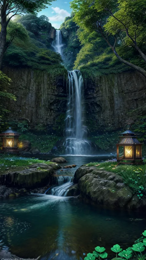CelticLandStyle,fantasy, water, blue sky, night, glowing four-leaf clover, nature, tree, waterfall, flower, lantern ,
