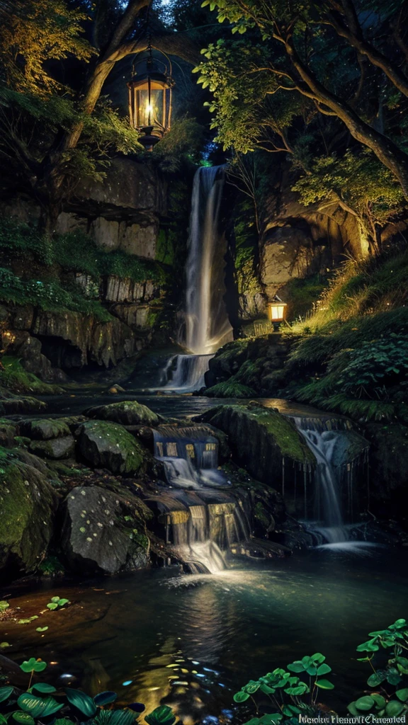 CelticLandStyle,fantasia, água, céu azul, noite, trevo de quatro folhas brilhante, Natureza, árvore, águafall, flor, lanterna ,