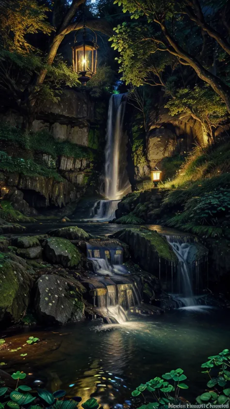 CelticLandStyle,fantasy, water, blue sky, night, glowing four-leaf clover, nature, tree, waterfall, flower, lantern ,