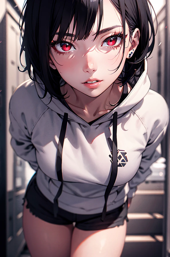 a woman with short black hair, beautiful detailed eyes, beautiful detailed lips, extremely detailed face, longeyelashes, wearing a hoodie ,  shorts, red eyes, smoking a cigarette,hyperrealistic, 8k, best quality, photorealistic, highly detailed, studio lighting, professional, vivid colors, intricate details