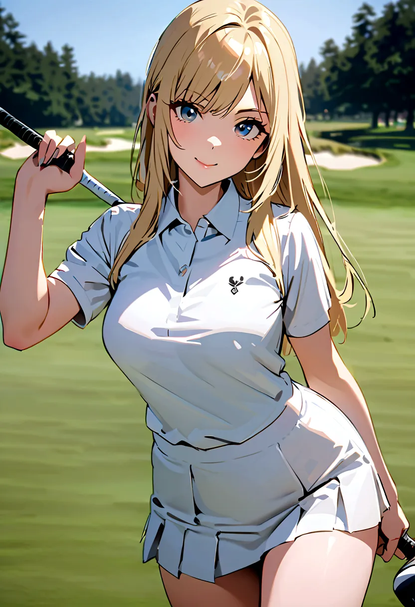 sound　High resolution　The beauty of 8k　Woman playing golf　Golf course　Beautiful woman　semi-long　blonde　white　Golf Wear　mini skir...