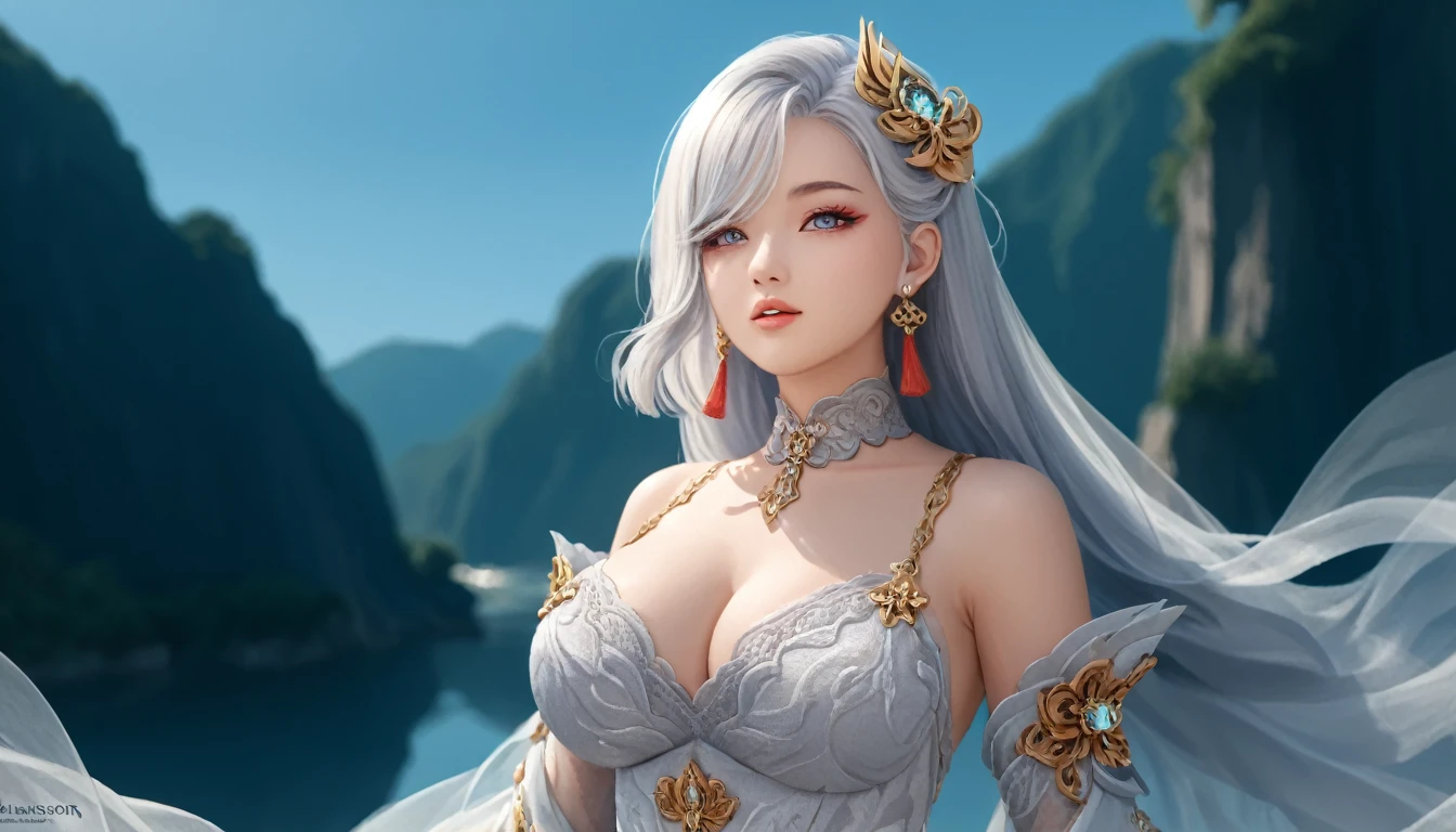 Woman in transparent dress,Viewer,(((Full breasts, Keeley University))),Slim waist,(Navel exposed,Bare waist), Long hair, extreme detailed details, Detailed fantasy art, Stunning character art, Beautiful and exquisite character art, Beautiful transparent dress, Very detailed, Girl wearing flowing Hanfu, Exquisite headpieces and jewellery,Crystal jewelry filigree, galaxy, Stunning visuals, (Dynamic Stripes, light rail:1.2), Vibrant colors,Long hair动漫女孩和狐狸, 美丽的白金色Angel女士, 白毛Angel, Beautiful character painting, Beautiful anime portrait, Angel翅膀的女孩, a beautiful Angel woman, Mystical artwork, Guweiz, by Ren Renfa, Angel, Large Breasts，Full breasts，Golden ratio figure，Perfect body，Ultra wide-angle shooting，Full body shot，Body close-up，Full body shot，Wearing a pleated tulle skirt，Soft anime illustration, Soft dark background，Fujifilm XT3 Clear focus, f 5.6, High Detail, Clear focus, Dramatic, (Wearing openwork clothing), (Looking at the audience:1.8), (Natural light), (Tempting)translucent, Good velvet quality, Compared, Divine Light,, Silver gray hair, Sky background, Absolute Strength,女性Angel，Girl in sexy silk,，Large Breasts，Full breasts，Golden ratio figure，Perfect body，Ultra wide-angle shooting，Full body shot，Body close-up，Full body shot， Wearing a tulle dress, Model shooting style, Large Breasts，Full breasts，Golden ratio figure，Perfect body，(Extremely detailed CG 8k wallpaper unit), The most beautiful artistic photos in the world, , 8K Ultra HD, ) On the big white bed，Lazy gesture，Charming and seductive expression，best quality,masterpiece,Ultra-high resolution,(Practical:1.4),original photo,Ultra-high resolution，White skin，Exquisite makeup，Long legs，Bright beautiful eyes，用深色眼影打造Exquisite makeup，