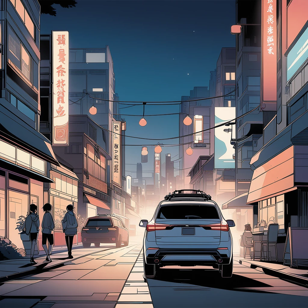 masterpiece、Highest quality、Color、Line art、Night cityscape、Park on a shady road、Smoke-filled SUV、The car lights are on、Digital illustration style、Stunning art style、Stylized digital illustration、Detailed digital illustration、Digital cartoon painting art、