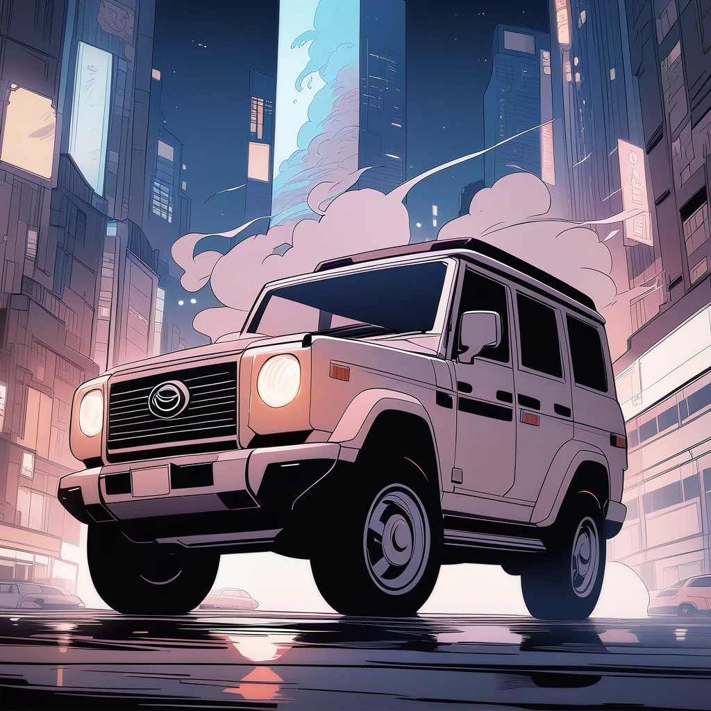 masterpiece、Highest quality、Color、Line art、Night cityscape、Park on a shady road、Smoke-filled SUV、The car lights are on、Digital illustration style、Stunning art style、Stylized digital illustration、Detailed digital illustration、Digital cartoon painting art、