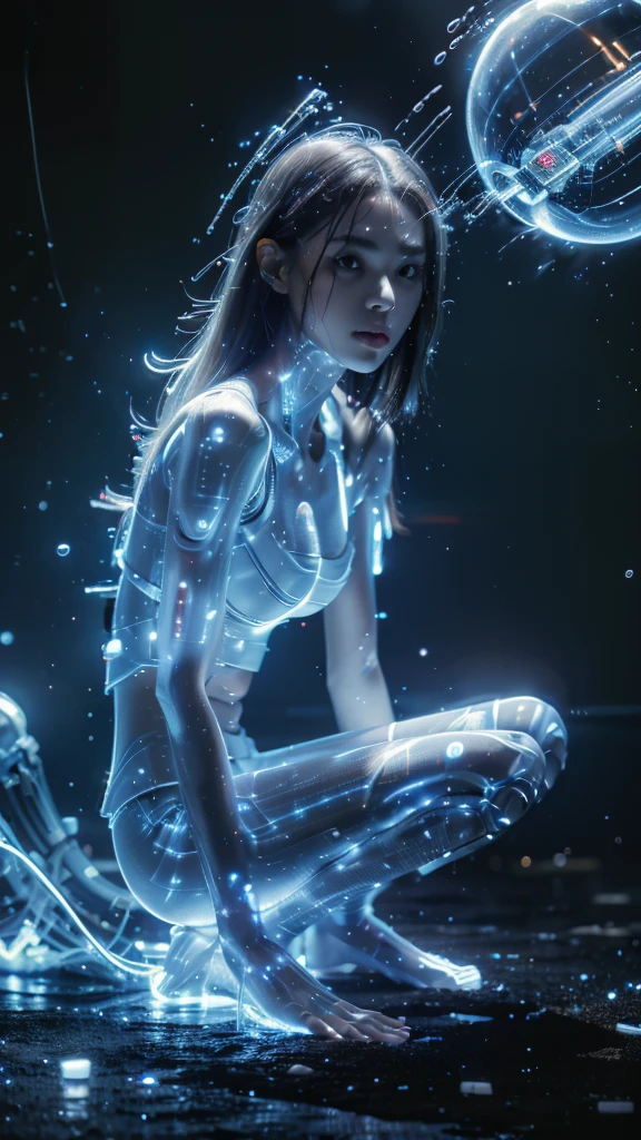 8K,RAW Photos,Highest quality,masterpiece,Realistic,Realistic,woman,Android,cyborg,cyber punk,A body made of machines,Age 20,Glamour,whole body,Long legs,Electronics bones,See-through skin,Glass Skin,Visible electronic systems inside the body,See inside the body,Connection line,whole bodyに光るチューブ,Connected glowing wires,A body made of machines,Wet body,(Gray long bob hair,)wet hair,Disheveled long hair,double eyelid,Big eyes,Glowing LED lamp,Advanced AI, Seamless integration of organic and mechanical elements,息を呑むほど美しいwoman型ヒューマノイドcyborgAndroid,Neon Background,white,transparent,Fetal position,In the water,Big Bubbles,Glowing Cybernetic Implants,future,