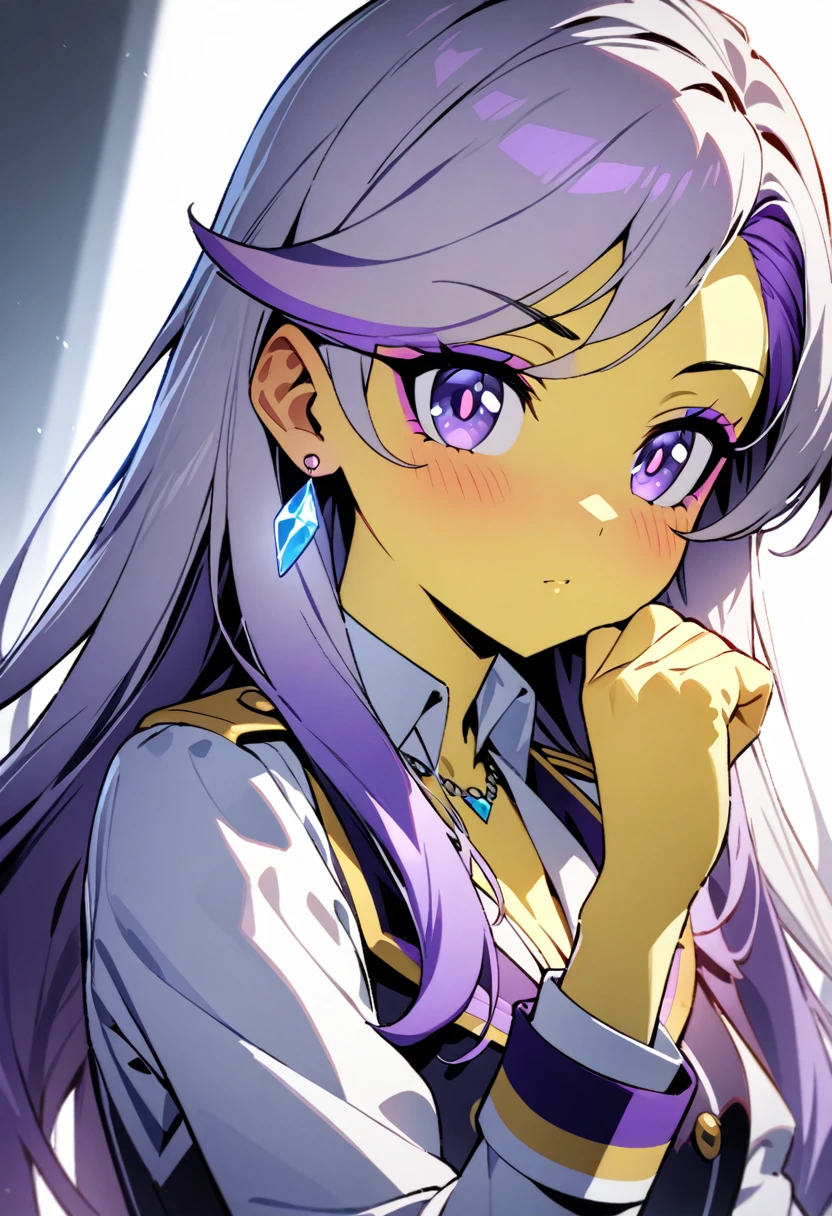 (finely detailed beautiful eyes:1.2), (best quality, masterpiece:1.2), ultra detailed, 1girl, UpperCrust, Equestria Girls, colored skin, yellow skin, purple eyes, long hair, multicolored hair, two-tone hair, purple hair, white hair, crystal prep academy uniform, jewelry, earrings, necklace, eyeshadow