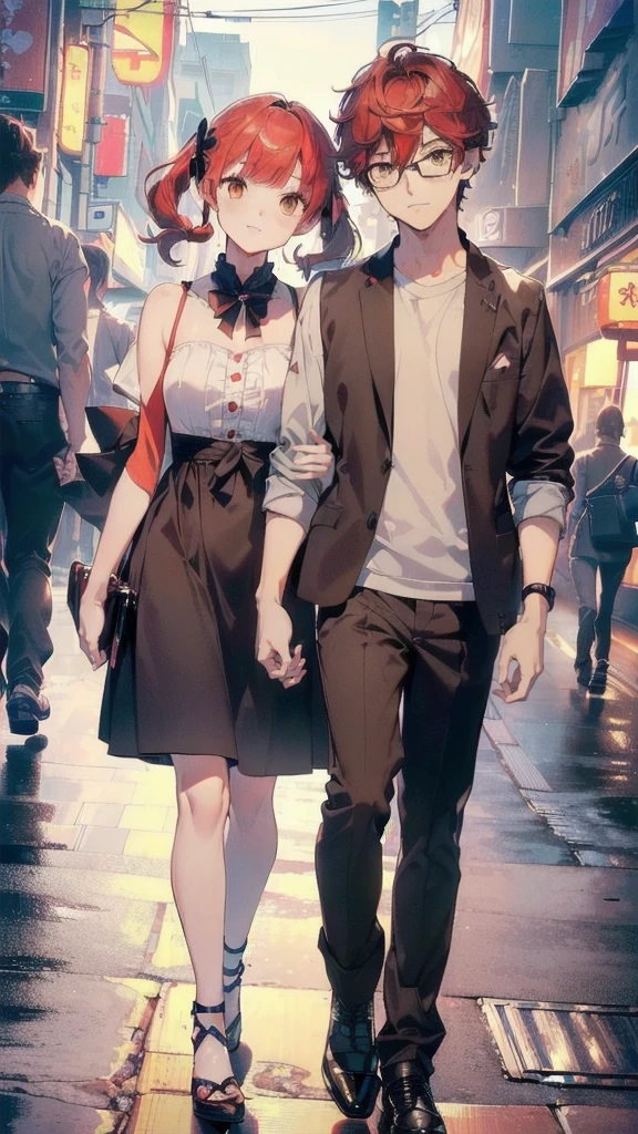 ((top quality, ultra-detailed, high resolution, extremely detailed CG, unity 8k wallpaper, by famous artist, perfect anatomy, super detailed skin, cinematic lighting, UHD, retina, anatomically correct, 1080P)), ((Please draw a couple in love of one girl and one boy in a lovely date:1.3), ((a girl with a boy)), ((Girl details: face,12-year-old:2.0, a middle school student, androgynous charm, Medium hair, girl with full red hair, redhead, pigtails, straight bangs, with a little bow in her hair, Full limbs, complete fingers, perfect fingers, flat chest, childish body, small butt, groin, Beautiful detailed full yellow gold eyes, perfect eyes, japanese kawaii dress with pastel colors and cute designs, coquette, bare arms and shoulders, sleeveless, thin legs, small height, tender face, girl without glasses, full body view, standing, legs, body of a 12 year old)) ((Boy details: face, 17-year-old:2.0, Amamiya Ren, a high school student, boy with full dark brown hair, full limbs, complete fingers, perfect fingers, perfect arms, masculine, manly, small butt, beautiful detailed full dark brown eyes, boy with glasses, perfect eyes, elegant youth clothing man, boy is more mature)) (Detailed Lighting), (Detailed background), ((Romantic date at night walking through the streets of Tokyo)), full body shot, ((perfect each 5 finger)) ((one man and one woman)) ((the girl has red hair)), (((the girl is much smaller than the boy))), ((the boy has black pants)) ((the girl has a coquette dress)). ((Couple of 1girl and 1boy)) (((The boy is very tall, the girl is very short))) ((the girl is very small than the boy, she is very smaller, very very smaller, her head is at the height of the boy's shoulder)), ((happy face)) (((night))) ((the girl has red hair and has a  like a very young teen)) ((the boy has dark brown hair))