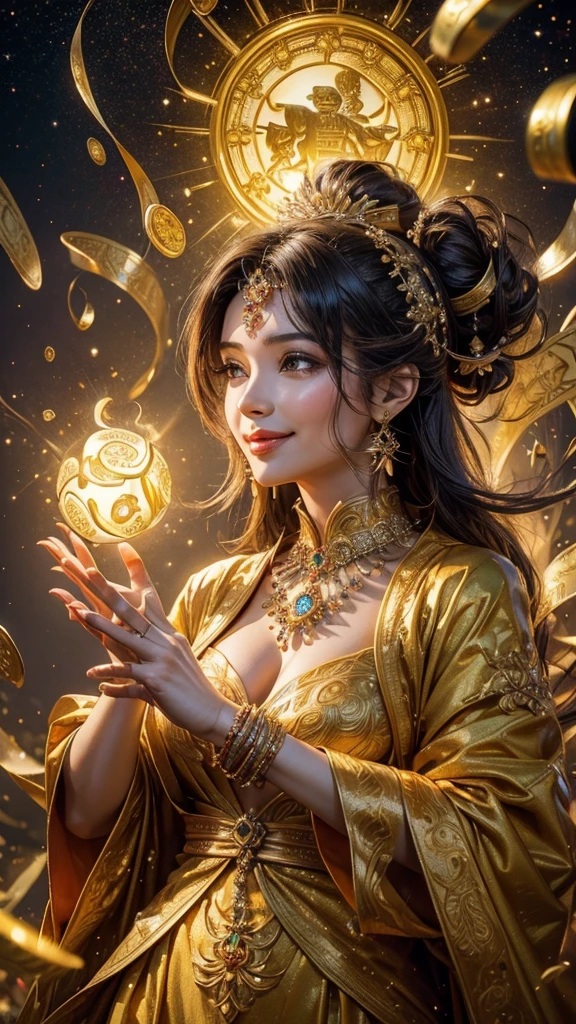 (highest quality,4k,8K,High resolution,masterpiece:1.2),Super detailed,HDR,UHD,studio lighting,Physically based rendering,bright colors,Bokeh,Rich landscape,god of wealth,Abundant gold coins,Shining treasure chest,a benevolent smile,dreams come true,magical country,festival atmosphere,lucky red envelope,infinite wealth,overflowing richness,thriving business,fulfilled desire,positive energy,fun celebration,blooming flowers,Prosperity and good fortune,harmony and prosperity,luxury lifestyle,shining jewel,Extravagant Prosperity,wealth pouring down,Banking and investment growth,the power and blessings of the universe