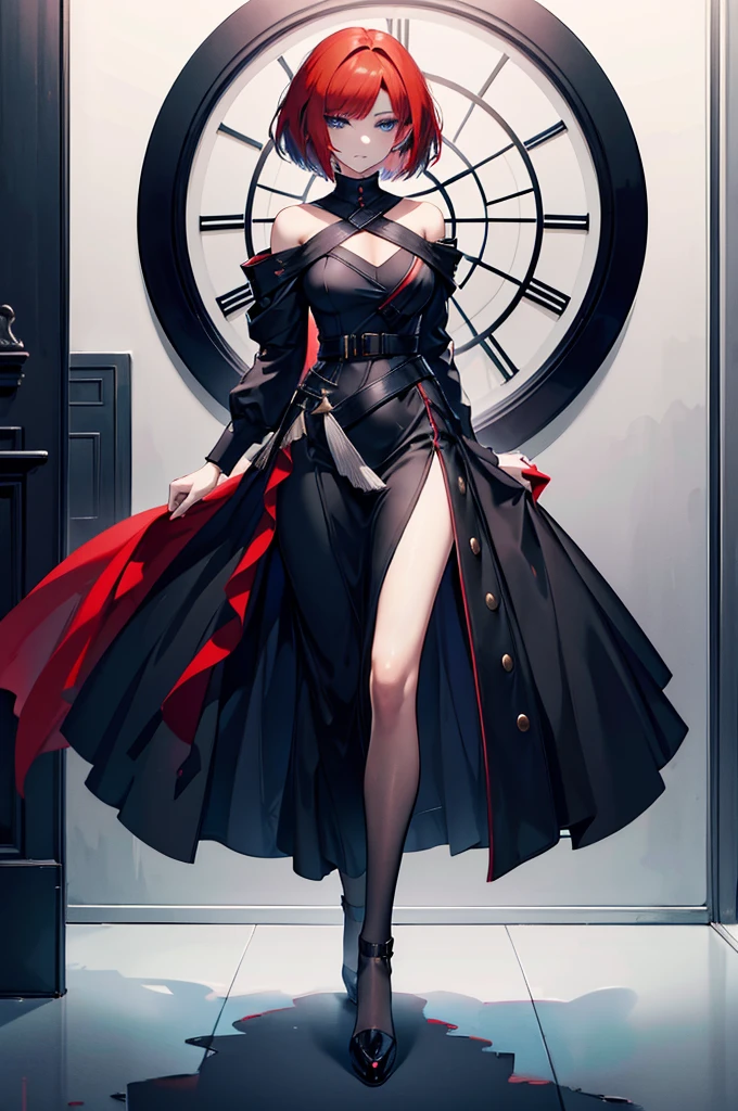 a beautiful girl with red hair wearing a black dress, detailed facial features, bob haircut, full body illustration, woman wearing a long black and red coat, solo character, white background, anime style, highly detailed, photorealistic, 8k, best quality, masterpiece, blue eyes, short hair