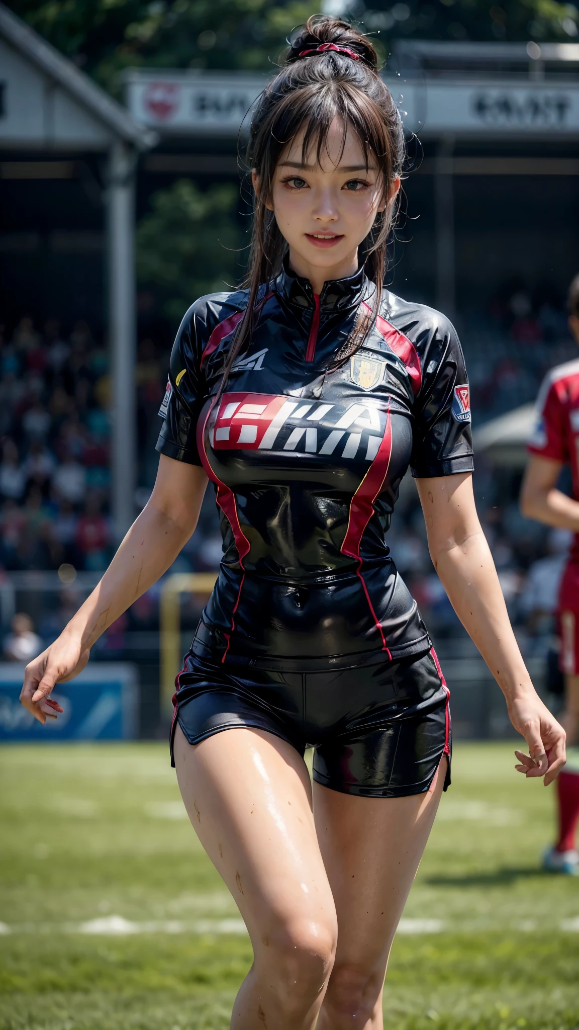 Highest quality, High resolution:1.2, Very detailed, Realistic:1.3, ((Beautiful woman))、((((Super tight uniform))))、((Super big breasts))、(The abdomen is visible)、Vibrant colors, play soccer,((Blunt bangs))、Various Hair Styles、Different hair colors、With bangs、Wet Hair, concentrate, splash, Action Shots, Grass blotches, Muddy ground, Wet turf, decide, Fast-paced games, Athletic physique, Shiny soccer ball, Wet Uniform, raindrop, Blurred motion, ボールにconcentrateする, Intense competition, Skillful dribbling, Energetic play, Teamwork, powerful shoots, Wet pitch, Passionate sports, Fierce decide, Humid atmosphere, Fluid movement, emotional expression、Dramatic lighting, Women's Sports, Avid athletes, Exciting Games, Endure, Excited state, Speed and agility, Energetic play, 濡れたsplash、smile、Red Uniform