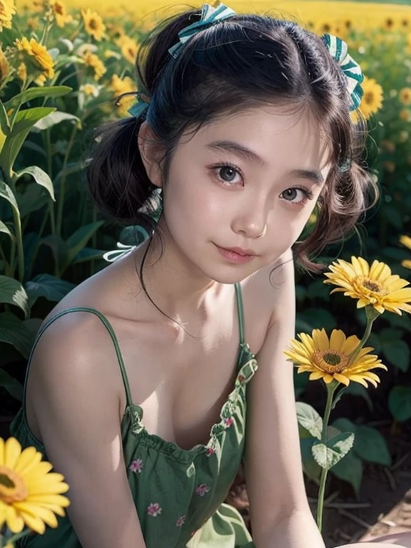 (Noriko Ogawa)、girl, alone, Black Hair,Twin tails, Brown eyes, Half Body Shot, Oblique perspective, nature, Flower Field, Green landscape ,Spring sunshine, natureと調和, Calm expression ,nature光, Flare, Bokeh effect