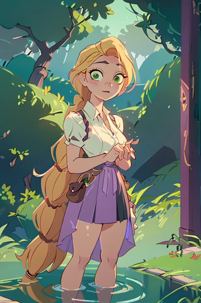 (rapunzel:1), tangled,  (standing in water:1.2), (adventure outfit:1.5), (white blouse, black vest with dark purple stitching, dark purple skirt), (long hair, blonde hair, green eyes:1), (long braid:1.5),  ((green eyes)), (dress:1), (long dress),  cartoony facial features, large round eyes, blonde hair, (realistic:1.2),  (masterpiece:1.2), (full-body-shot:1),(Cowboy-shot:1.2), green grass, dandelions,  light particles, magical forest background, neon lighting, dark romantic lighting, (highly detailed:1.2),(detailed face:1.2), (gradients), colorful, detailed eyes, (detailed landscape:1.2), (natural lighting:1.2),(detailed background),detailed landscape, (dynamic pose:1.2), close shot, solo, naked, breasts, vagina, topless,  bottomless 