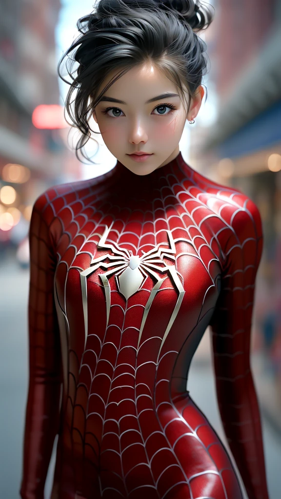 blurry backround,depth of field,
black spiderman costume,1 girl, alone,lips, (shiny skin:1.5)skintight, mole under eye, blond hair,
spider web print, gloves
