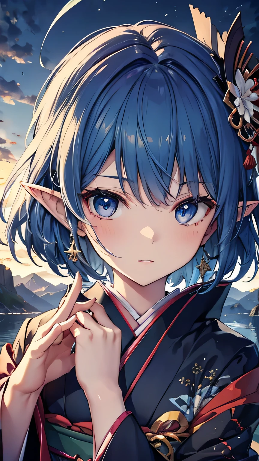 ((best quality)), ((masterpiece)), (detailed face and eyes), detailed hands and fingers, perfect face, accurate, textured skin, high details, blue hair, elf, multicolored eyes, pointy ears, kimono, wearing japanese traditional cloth, kanzashi