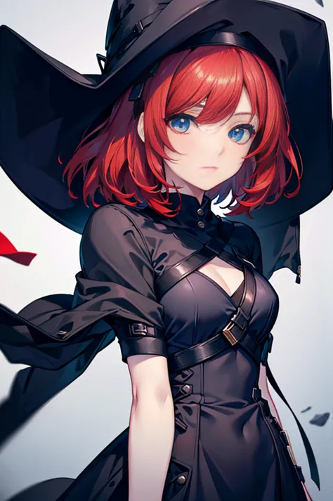 a beautiful girl with red hair wearing a black dress, detailed facial features, bob haircut, full body illustration, woman weari...