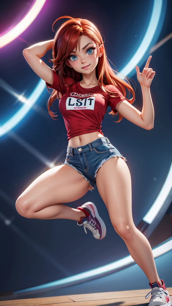 A beautiful woman, full body, looking at the camera, thumb raised in an OK sign, Pixar and manga art style, highly detailed, 8K, photorealistic, studio lighting, vivid colors, cinematic, sharp focus, physically-based rendering, professional quality, masterpiece, redhead, digitale style; cloth : sportwear, tshirt and jean