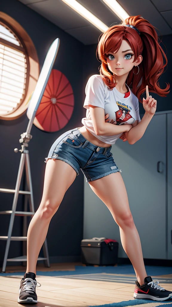 A beautiful woman, full body, looking at the camera, thumb raised in an OK sign, Pixar and manga art style, highly detailed, 8K, photorealistic, studio lighting, vivid colors, cinematic, sharp focus, physically-based rendering, professional quality, masterpiece, redhead, digitale style; cloth : sportwear, tshirt and jean