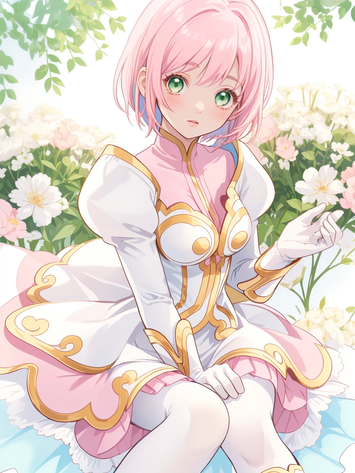 masterpiece, Highest quality, alone, One Girl,Estellise Sidos Heurassein, Pink Hair, short hair, Green Eyes, Small breasts, White and pink dress, Glamorous Dress, Pink collar, Pink Skirt, White boots, White gloves, (Black Pantyhose, Black legwear:1.1)whole body, Little:5, cute, (Beautifully detailed face), (Beautiful attention to detail), (Beautiful detailed hair)